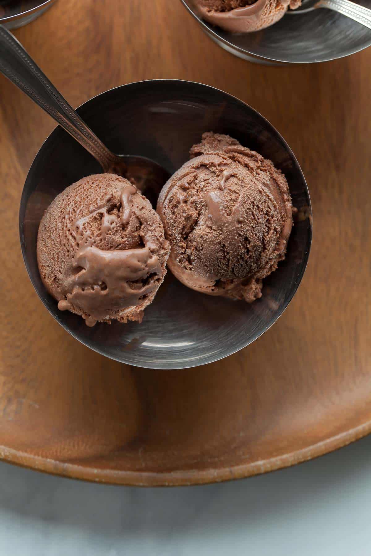 chocolate gelato in bowl with spoon