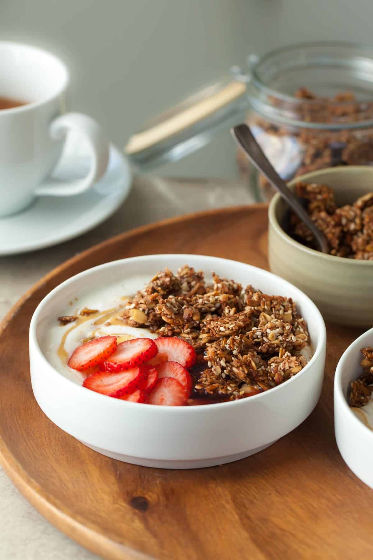 Nut-Free Grain-Free Granola in Bowl with Strawberries