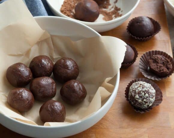 Chocolate Almond Butter Protein Balls in Bowl