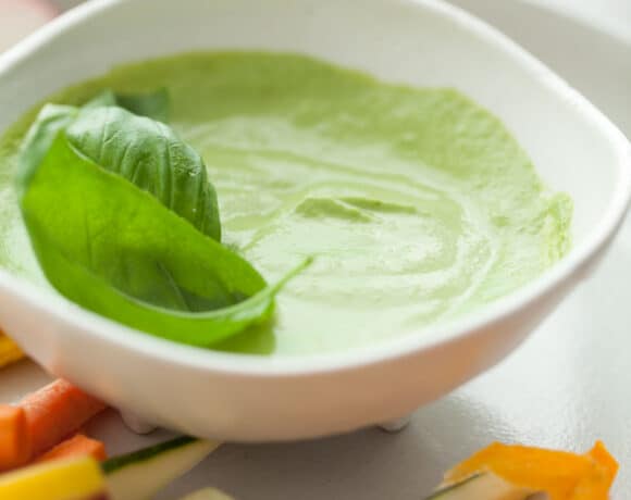 Basil Dip in Bowl with basil leaves