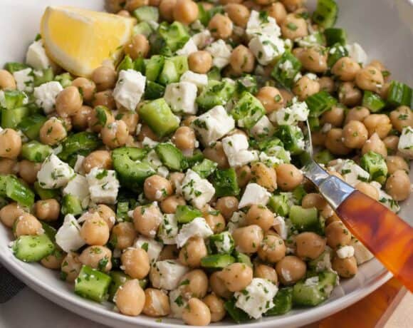 Chickpea Cucumber and Feta Salad in bowl