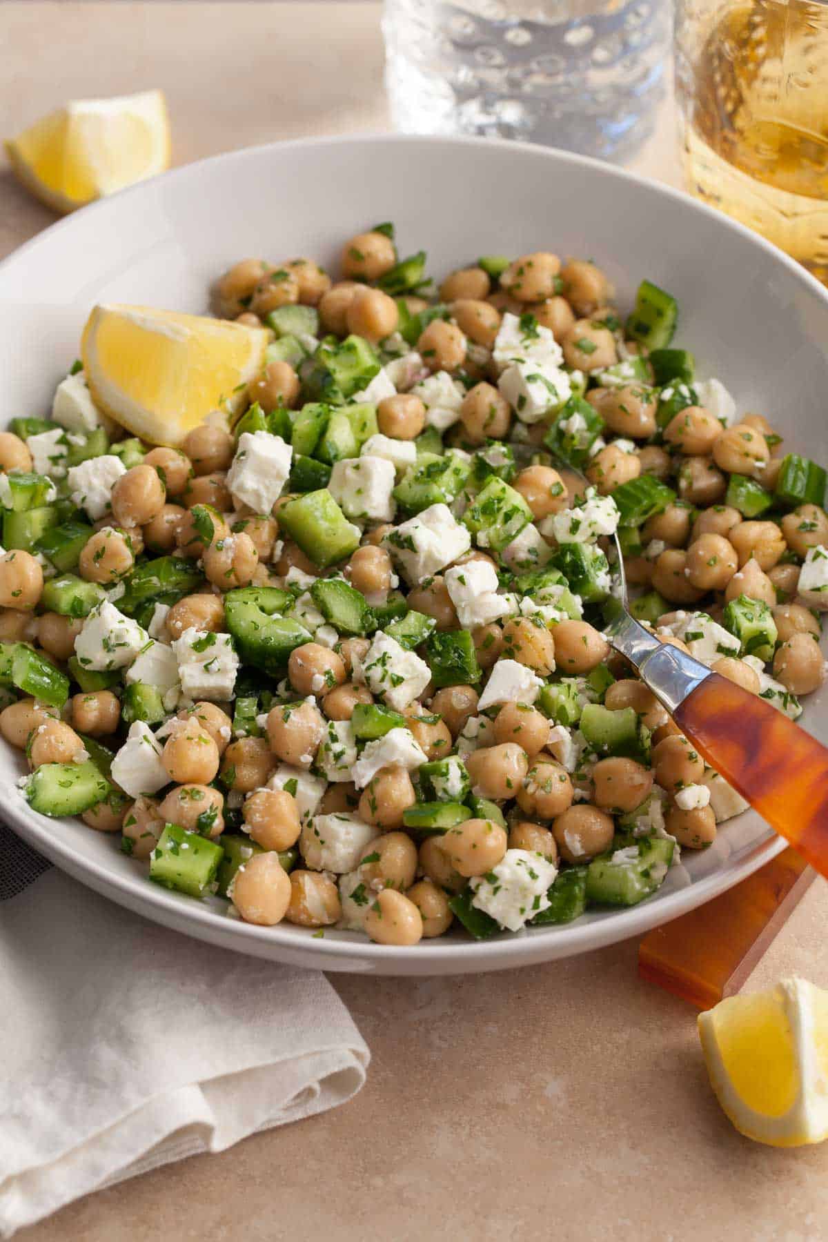Chickpea Cucumber and Feta Salad in bowl