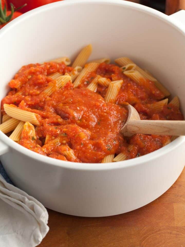 Roasted Tomato Pasta Sauce with Pasta in Pot