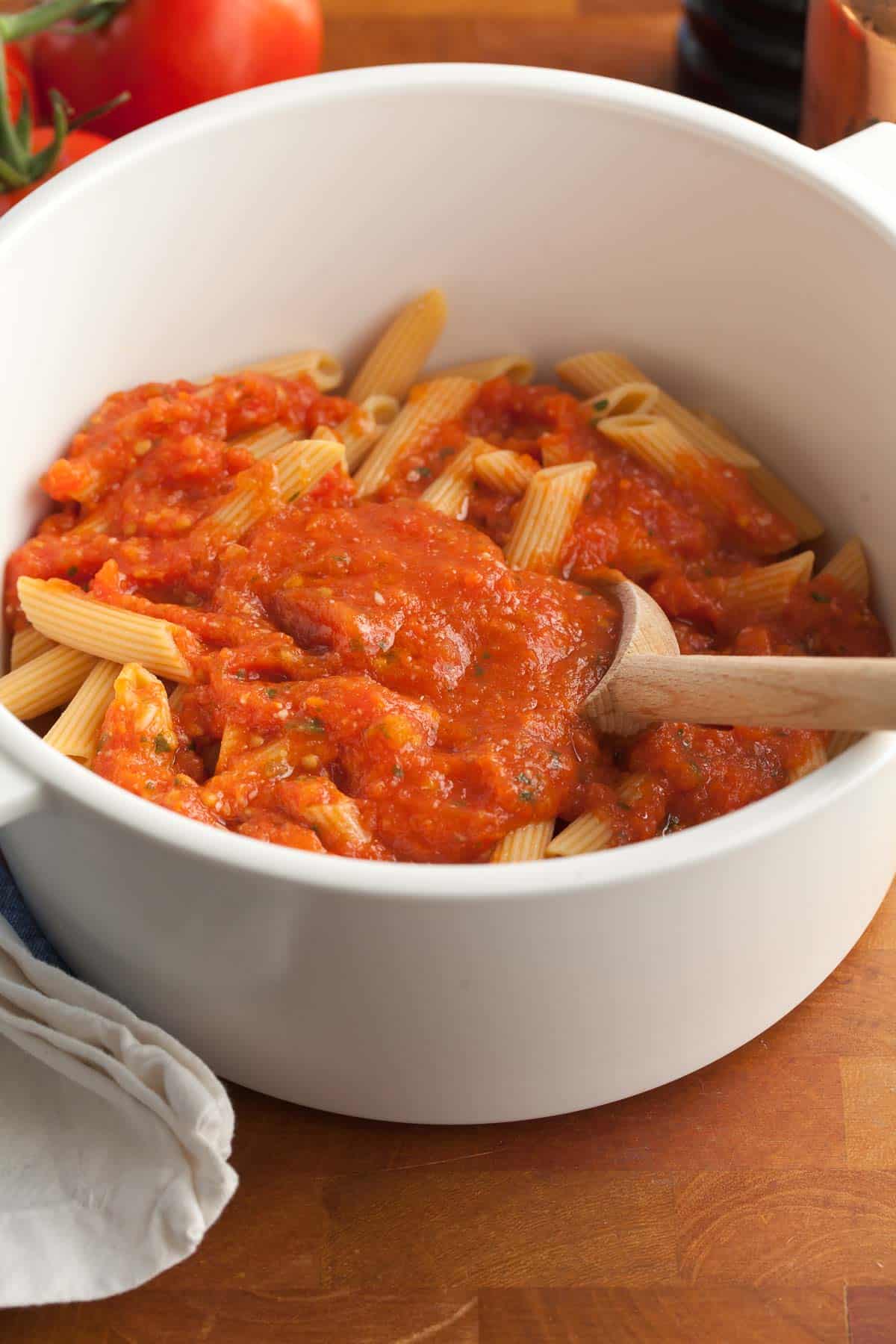 Roasted Tomato Pasta Sauce with Pasta in Pot
