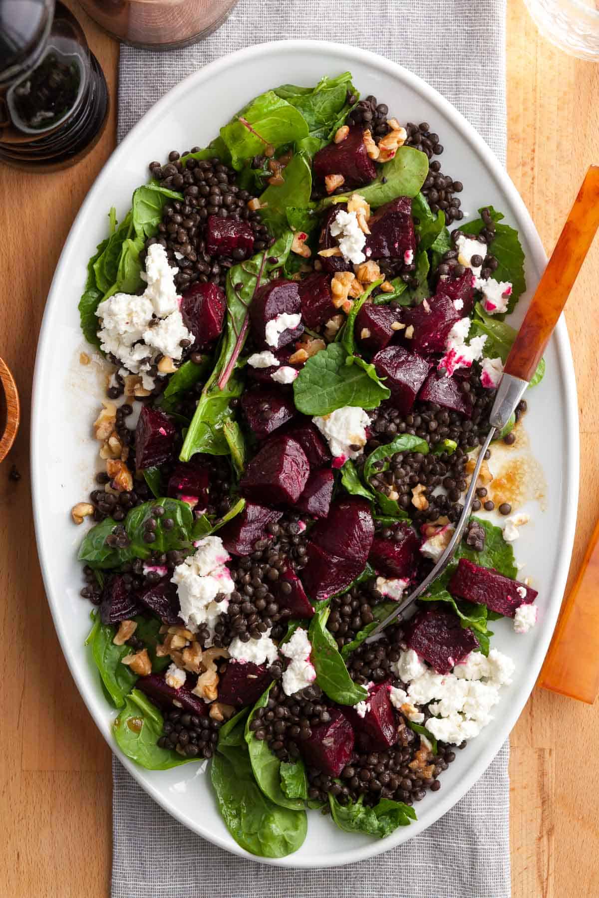 Beet Lentil Salad on Serving Plate