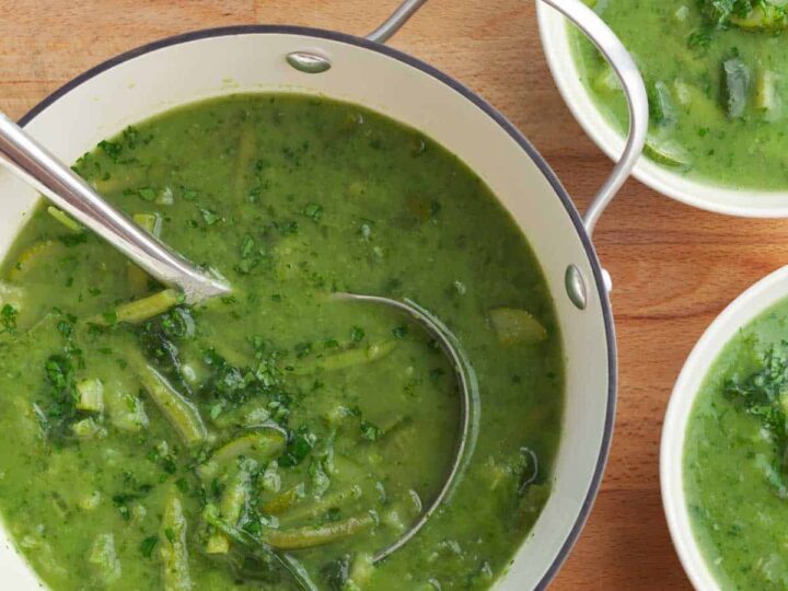 Green soup in soup pot with ladle