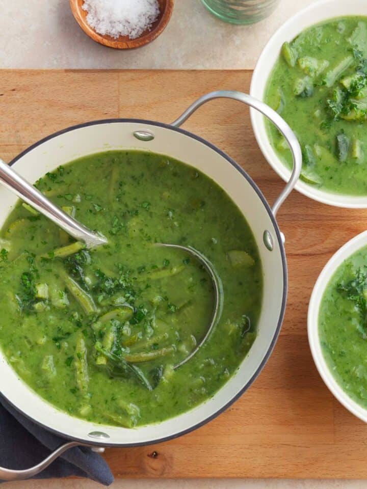 Green soup in soup pot with ladle