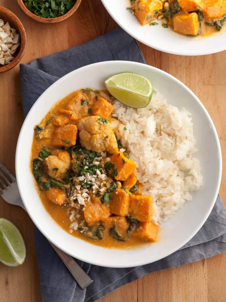 Easy Sweet Potato Cauliflower Curry with Coconut Milk in Bowl with Rice