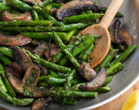 Sauteed Asparagus and Mushrooms in sauté pan
