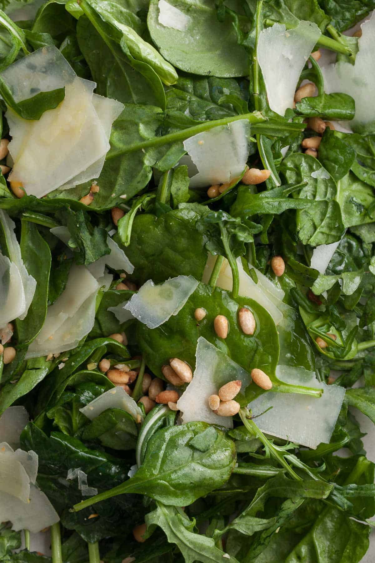 arugula and spinach salad with pecorino and pine nuts close up 