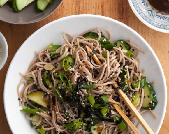 sesame soba noodles tossed in a sesame dressing and topped with scallions and sesame seeds