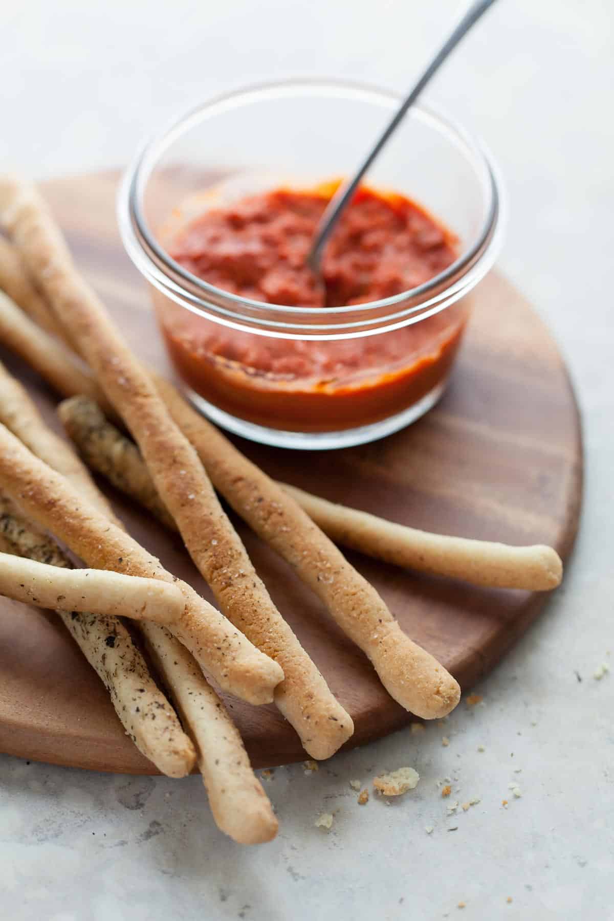 thin Italian breadsticks baked until golden served with dip