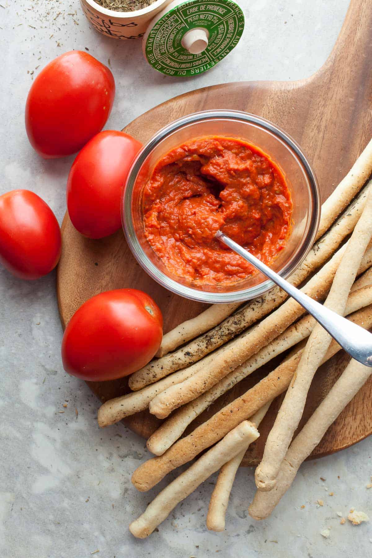 gluten-free grissini, crisp Italian breadsticks made with almond flour with dipping sauce