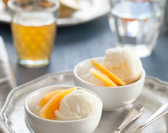 Creamy honey frozen yogurt made with goat milk yogurt in small bowls