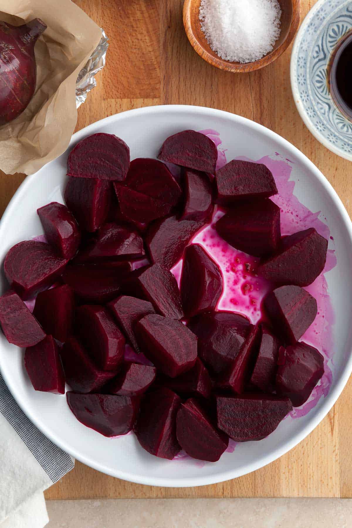 marinated beets sliced on plate