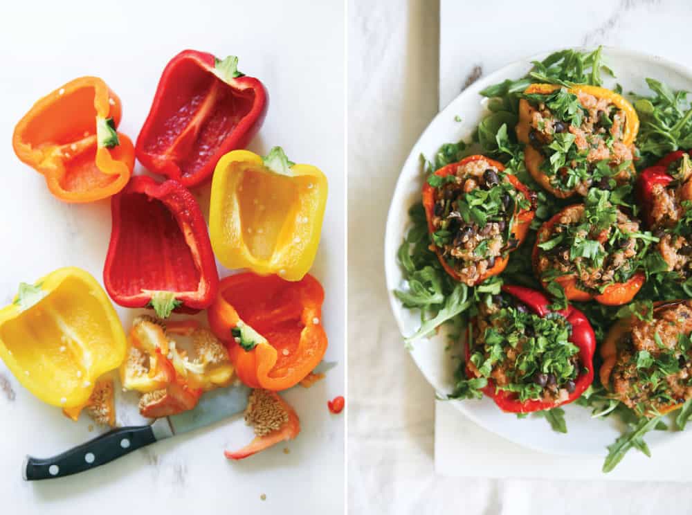 Bell peppers cut in half and finished dish with stuffed bell peppers