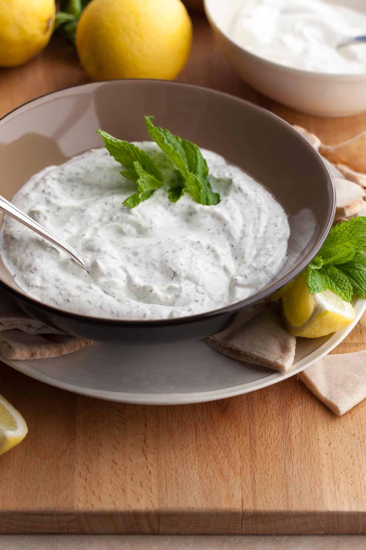 Creamy mint yogurt sauce served in a small bowl with fresh mint leaves, perfect as a dip or sauce for vegetables and grilled dishes.