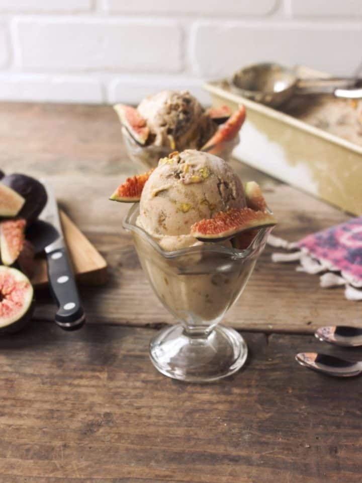 Fig ice cream with a coconut base and swirls of thick fig jam and toasted pistachios