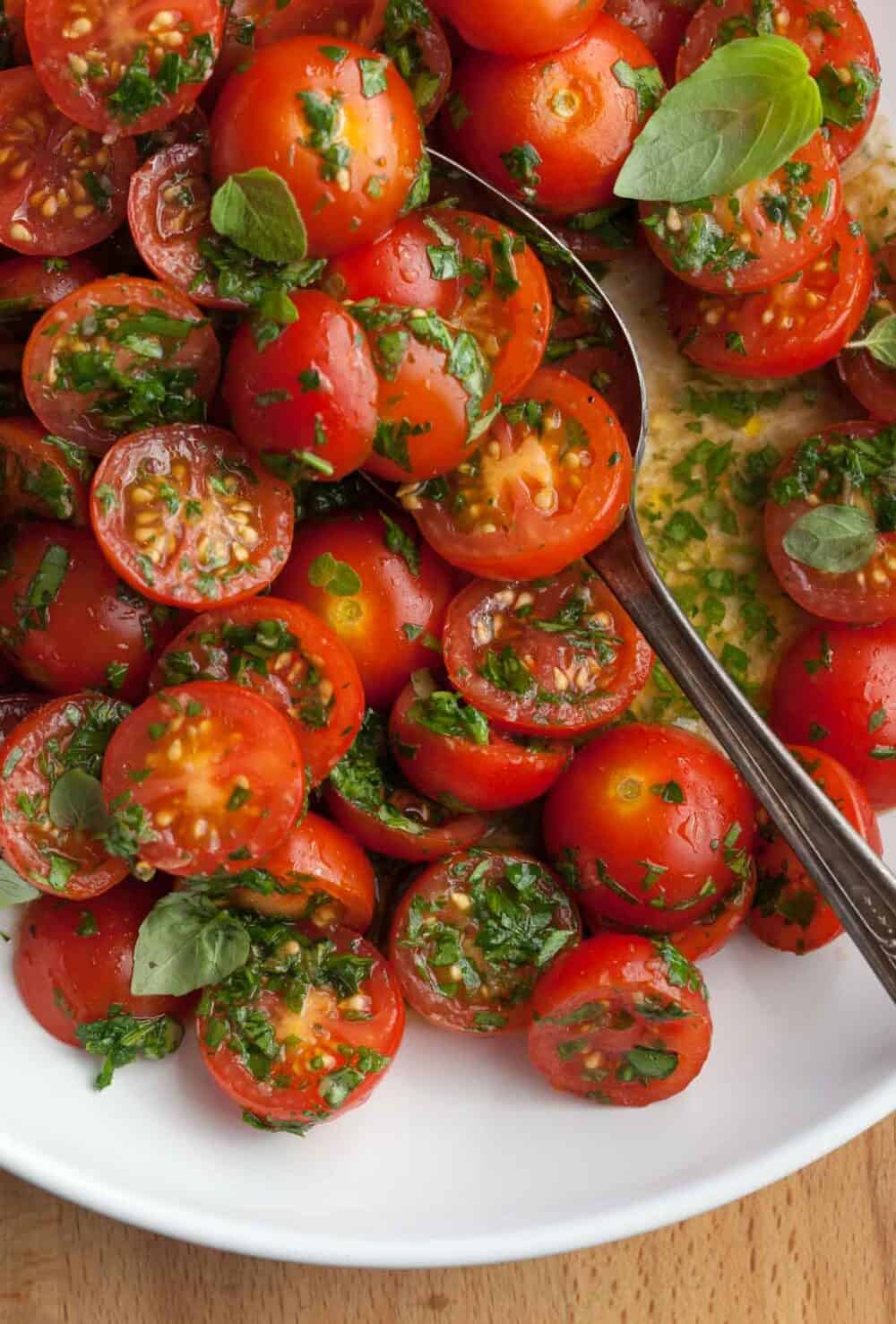 Marinated Cherry Tomatoes with Fresh Herbs Close Up