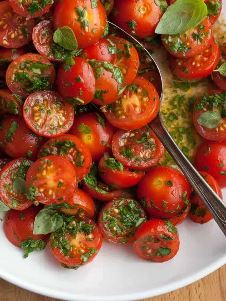 Marinated Cherry Tomatoes with Fresh Herbs Close Up