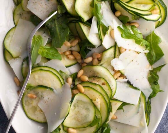 Shaved Zucchini Salad (Italian Carpaccio Style) on plate with pecorino cheese