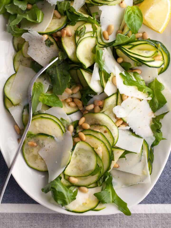 Shaved Zucchini Salad (Italian Carpaccio Style) on plate with pecorino cheese