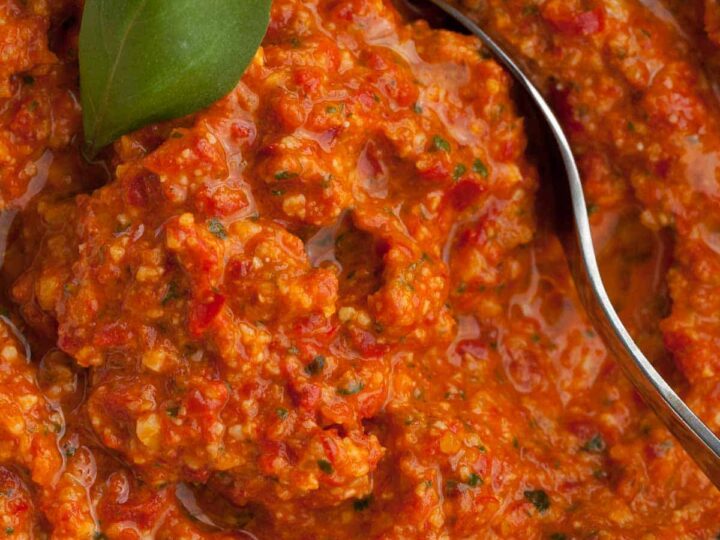 roasted red pepper sauce close up in bowl