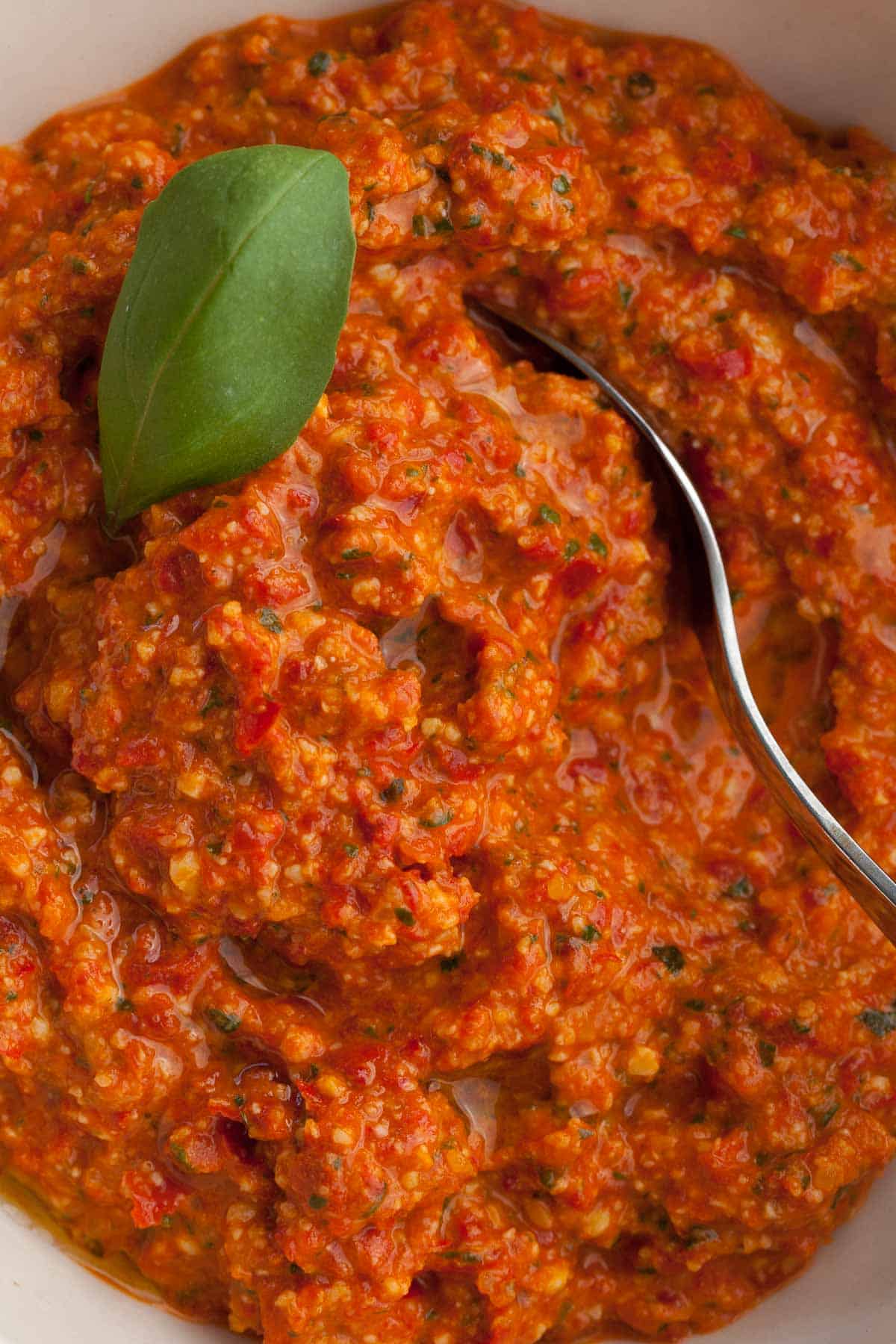 roasted red pepper sauce close up in bowl