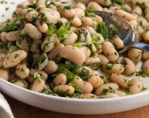 Cannellini Bean Salad with Lemon Dressing on plate with spoon
