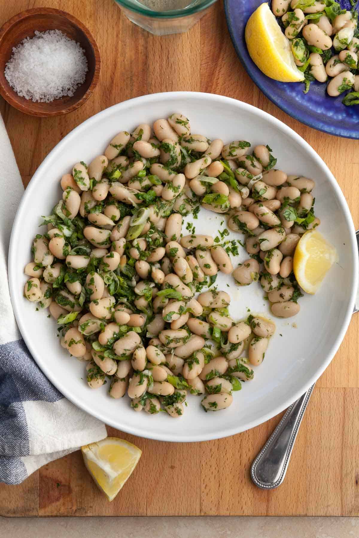 easy white bean salad with fresh herbs on plate