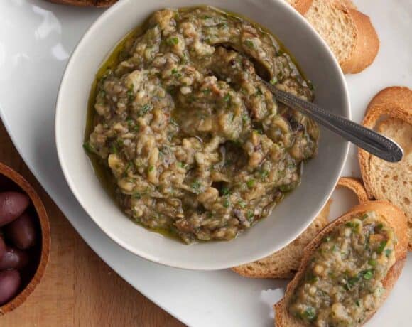 French eggplant spread made with eggplant, olive oil, herbs and garlic in bowl