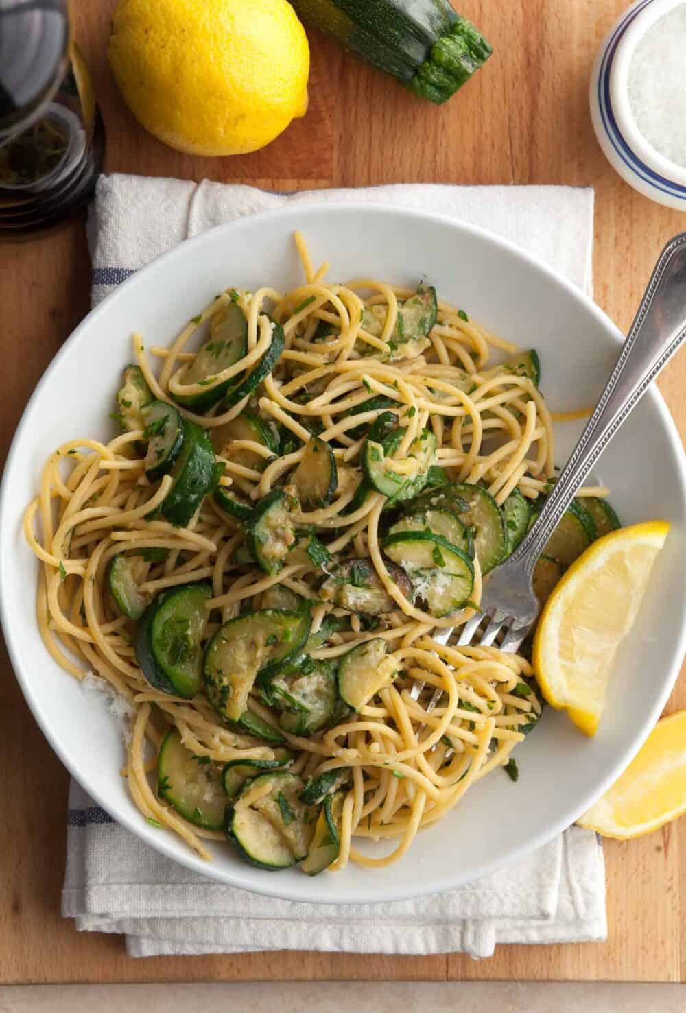 Lemon and Zucchini Pasta served with Pecorino and lemon wedges