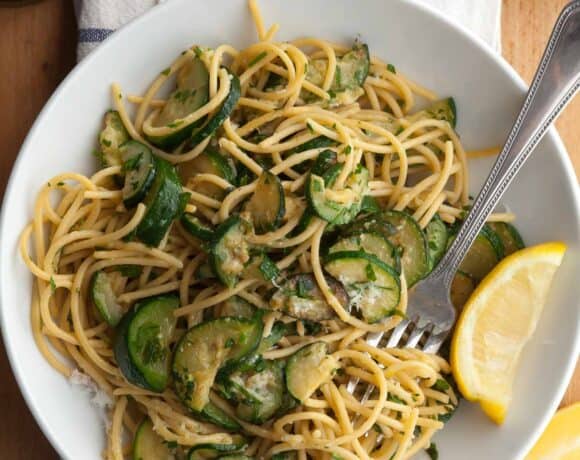 Lemon and Zucchini Pasta served with Pecorino and lemon wedges