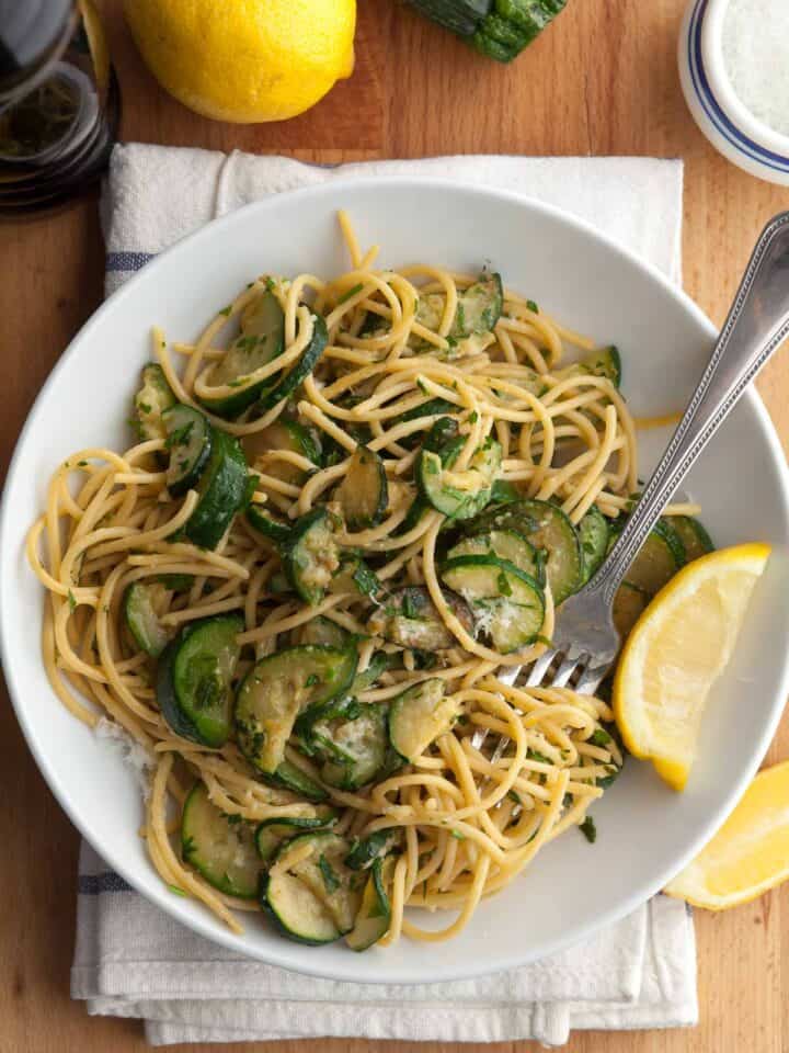 Lemon and Zucchini Pasta served with Pecorino and lemon wedges