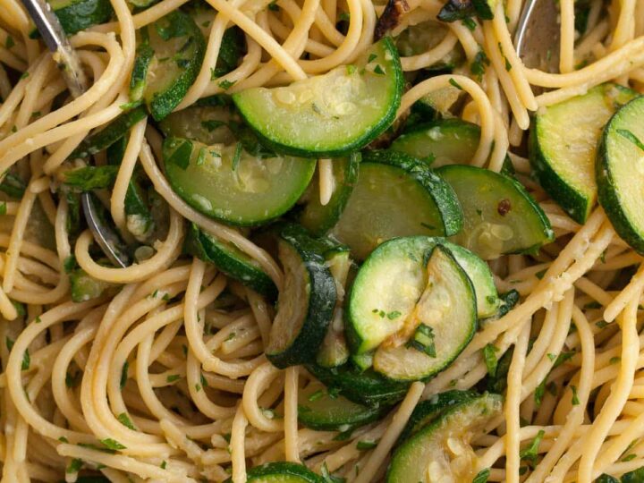 Easy Zucchini Pasta with Lemon and Herbs Close Up in Pan