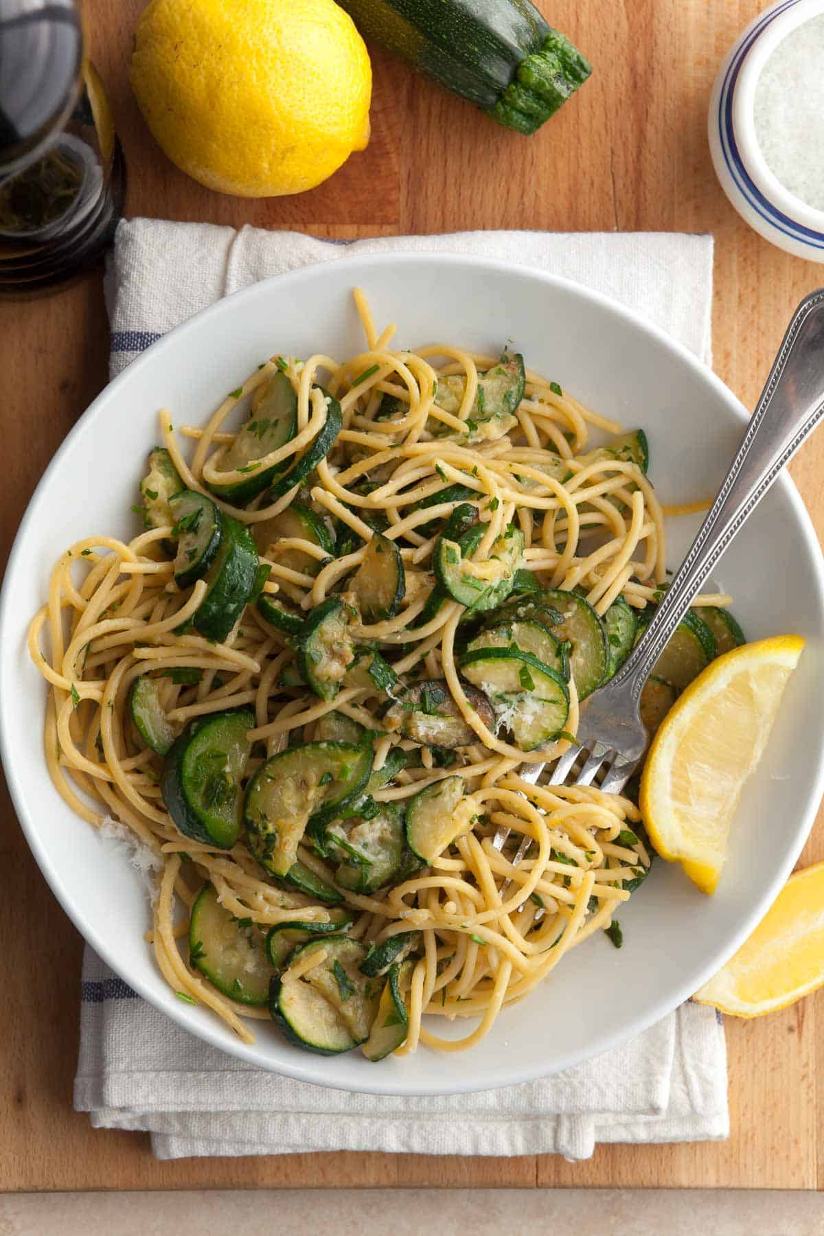 Lemon and Zucchini Pasta served with Pecorino and lemon wedges