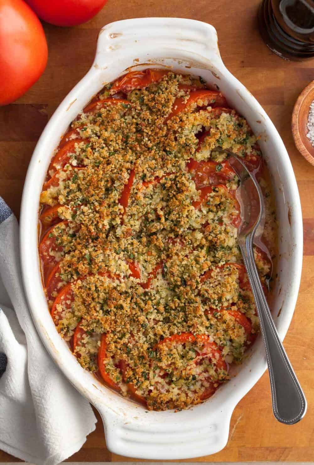 Tomato Gratin in dish with spoon