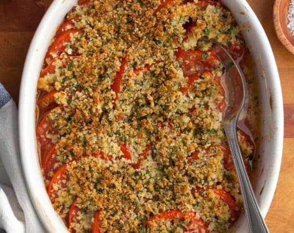 Tomato Gratin in dish with spoon