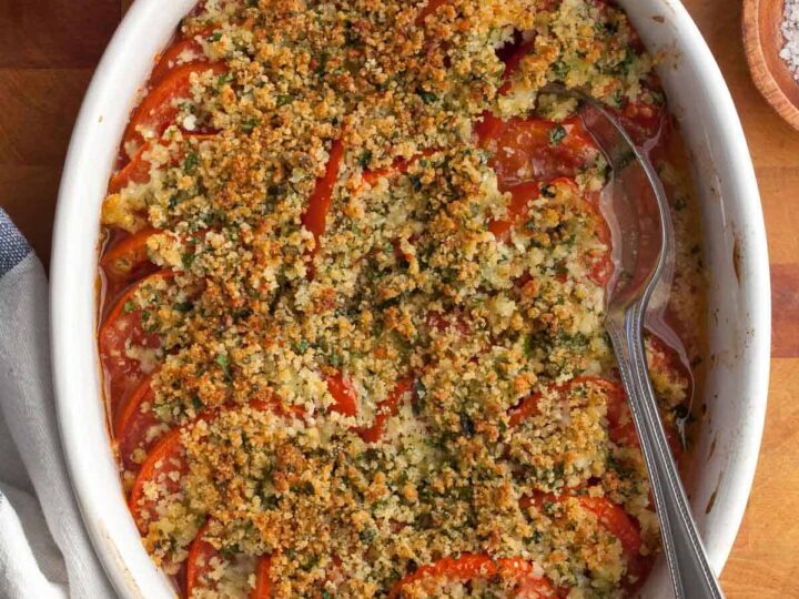 Tomato Gratin in dish with spoon