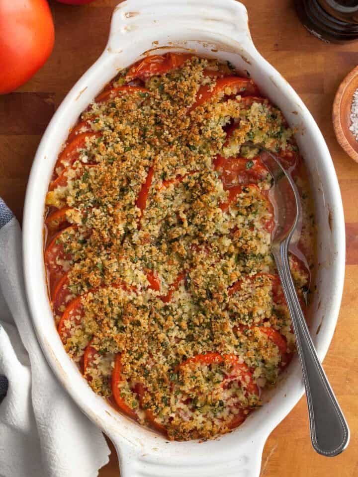 Tomato Gratin in dish with spoon