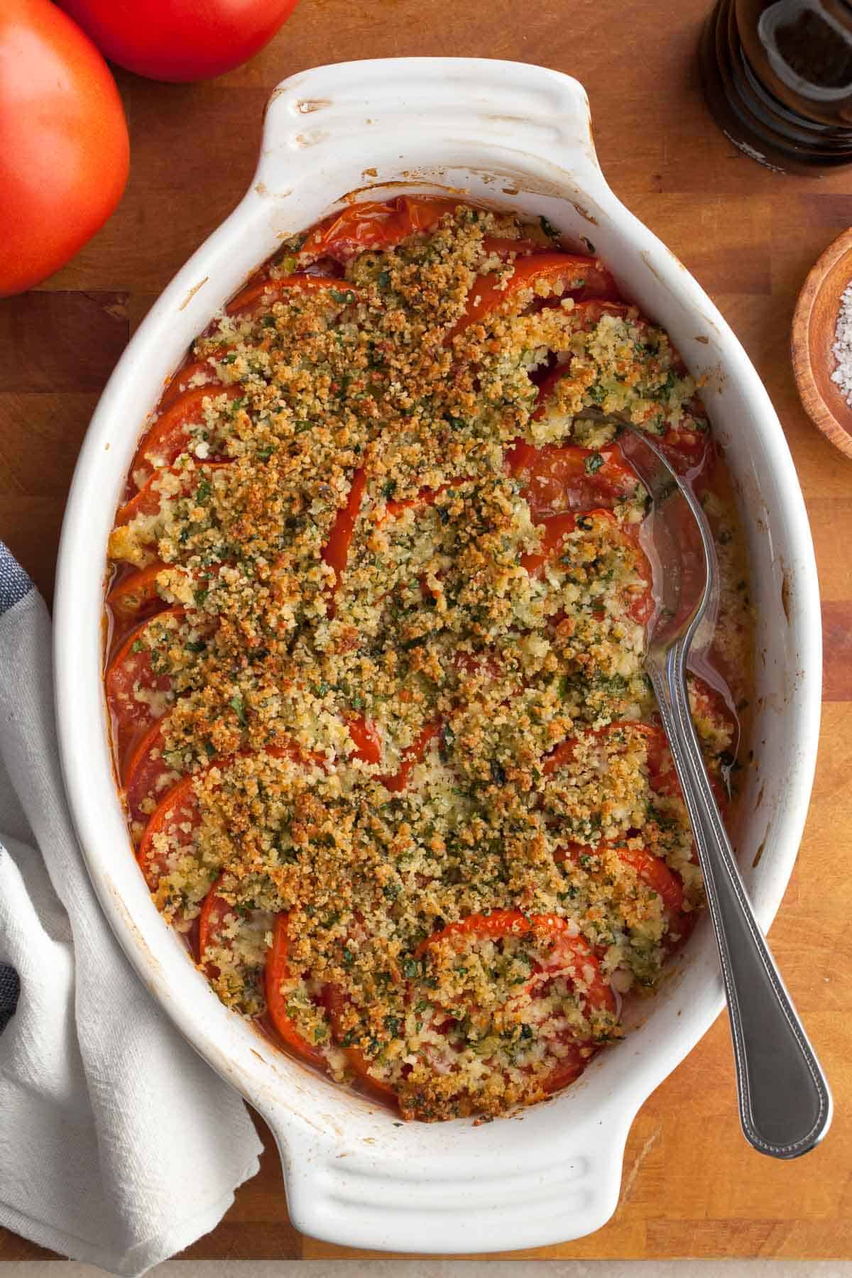 Tomato Gratin in dish with spoon