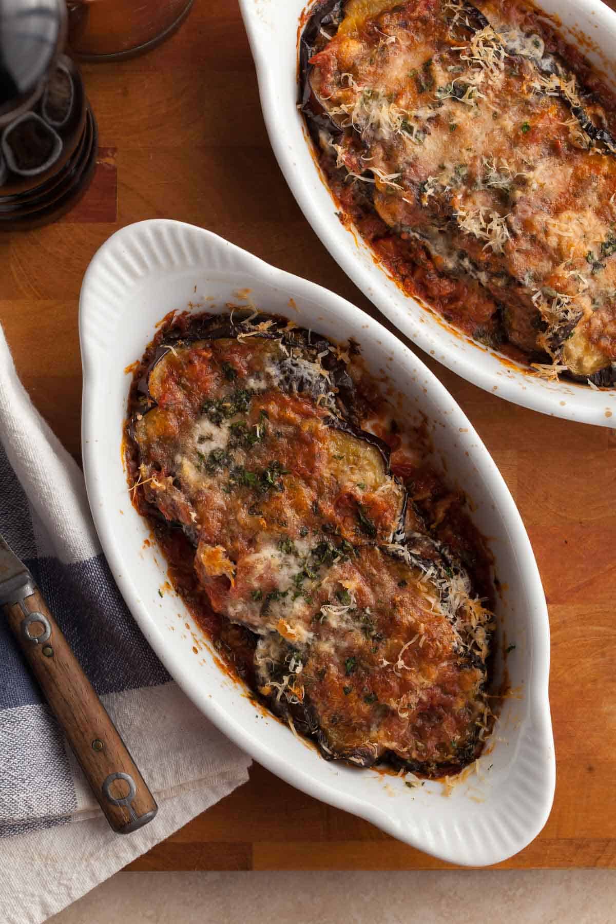 baked eggplant parmesan in individual dishes