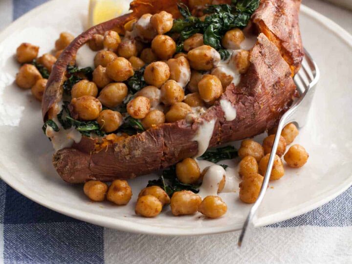 Chickpea Stuffed Sweet Potatoes with Kale and Tahini Sauce