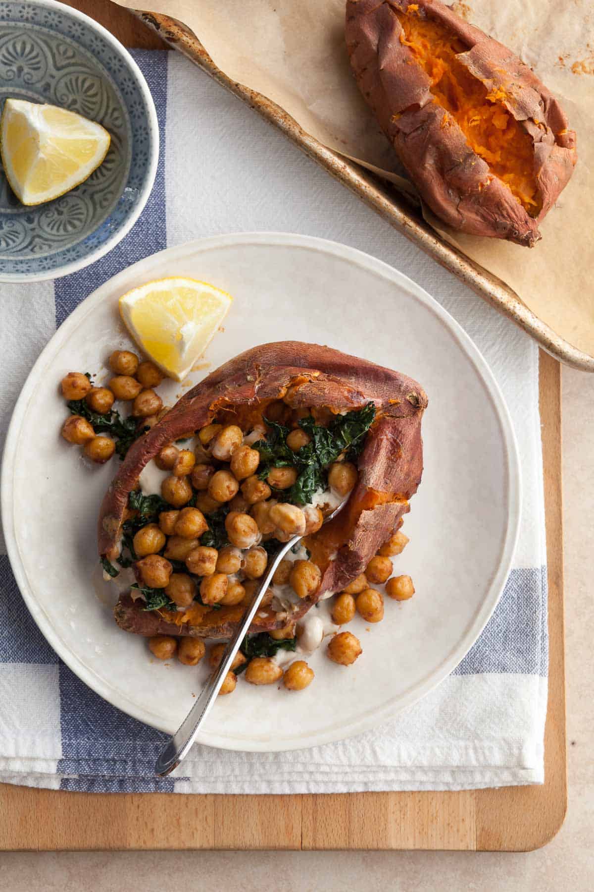 Stuffed Sweet Potatoes with Chickpeas, Kale & Tahini Top View