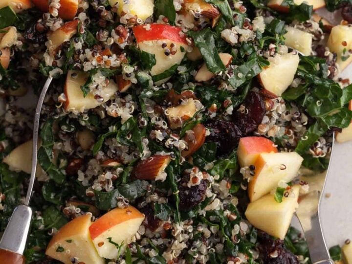 quinoa and kale salad made with tricolor quinoa, finely shredded kale, apple, dried cranberries, almonds and Pecorino close up