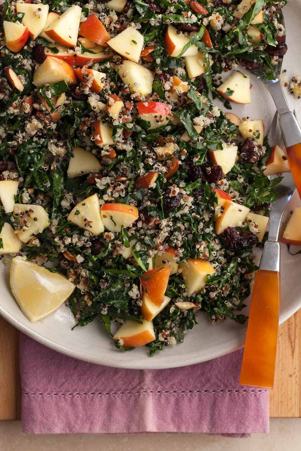 Fall salad made with kale, quinoa, apple, dried cranberries, almonds and a lemon olive oil vinaigrette top view on plate