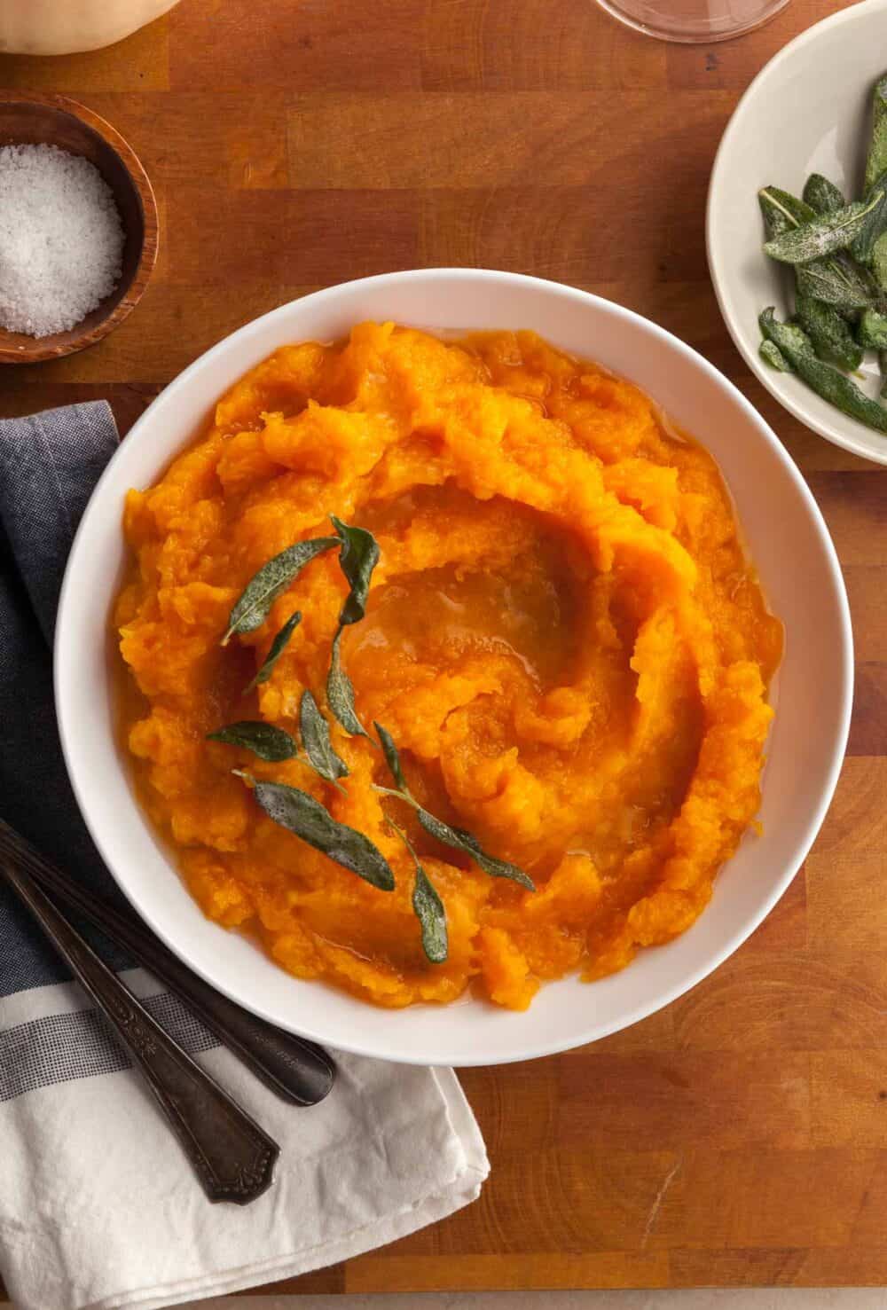 Mashed Butternut Squash Topped with Crispy Sage