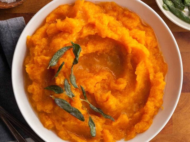 Mashed Butternut Squash Topped with Crispy Sage