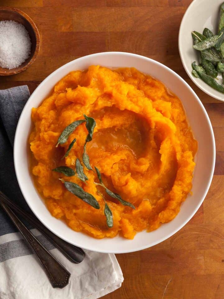 Mashed Butternut Squash Topped with Crispy Sage