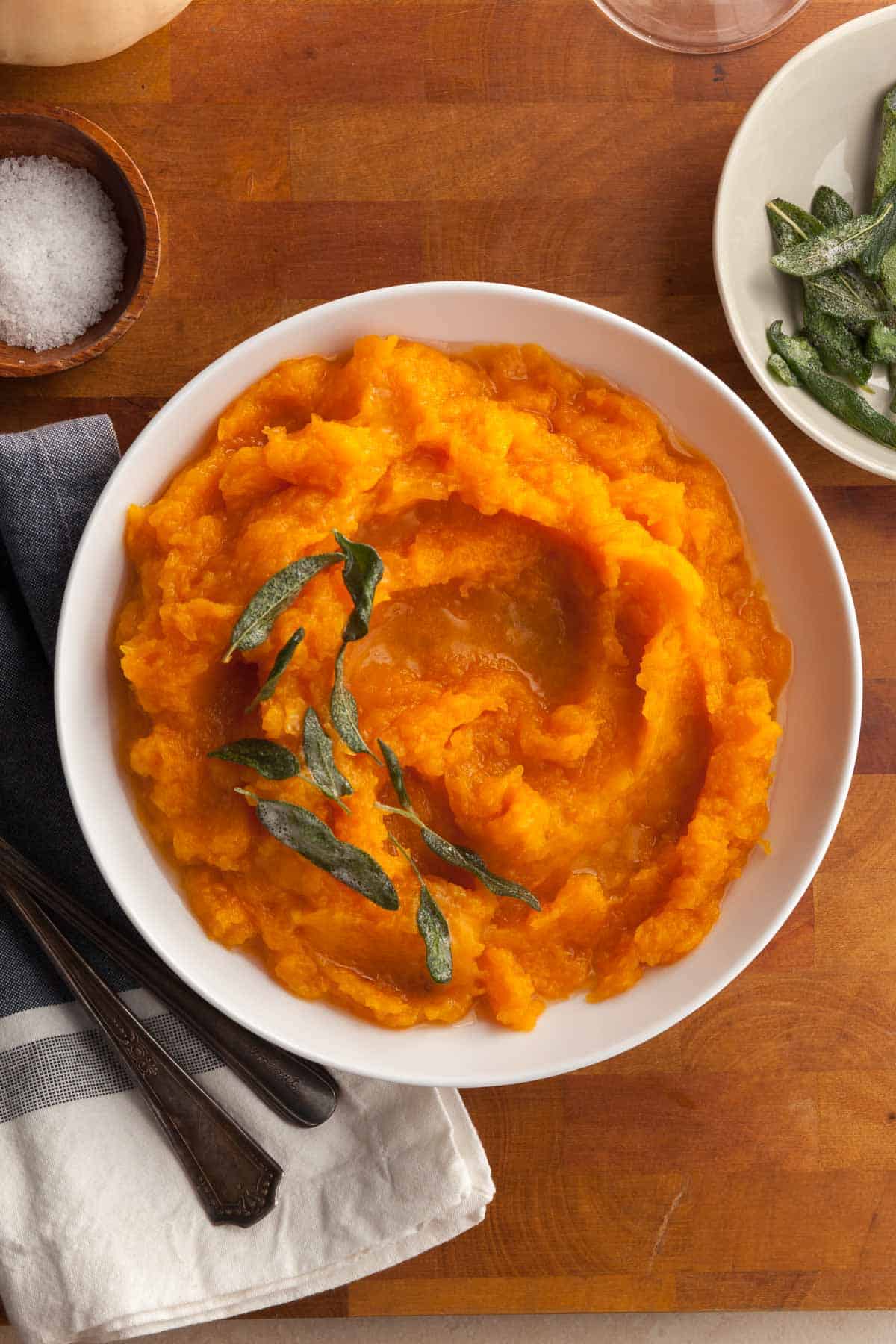 Mashed Butternut Squash Topped with Crispy Sage